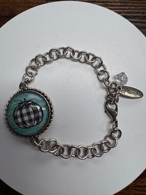 Plunder Pumpkin Charm Bracelet Buffalo Plaid Teal Silver Tone